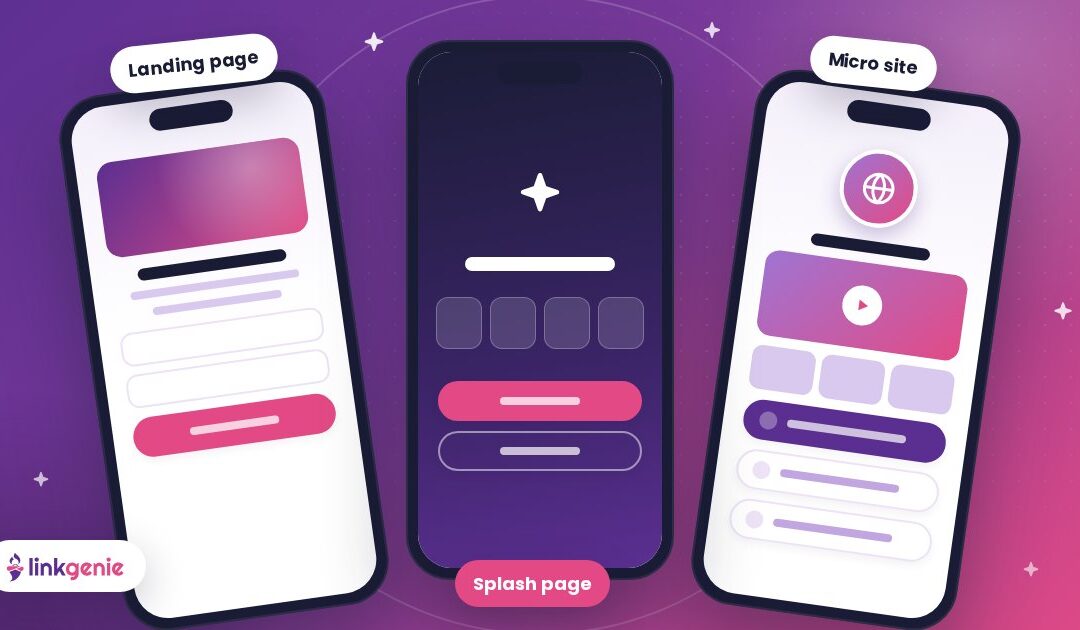 Three phone pages labelled landing page, splash page and micro site on a purple-to-pink gradient