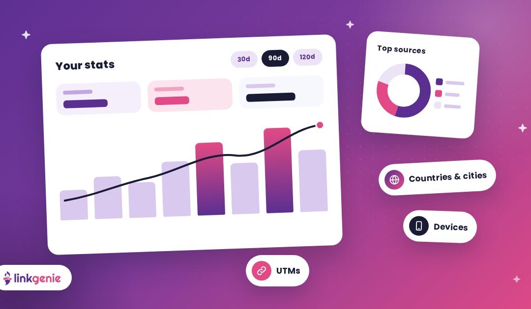 An analytics dashboard with bar charts, a rising line and a globe on a purple-to-pink gradient
