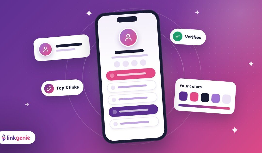 A LinkGenie bio page on a phone surrounded by sparkles on a purple-to-pink gradient