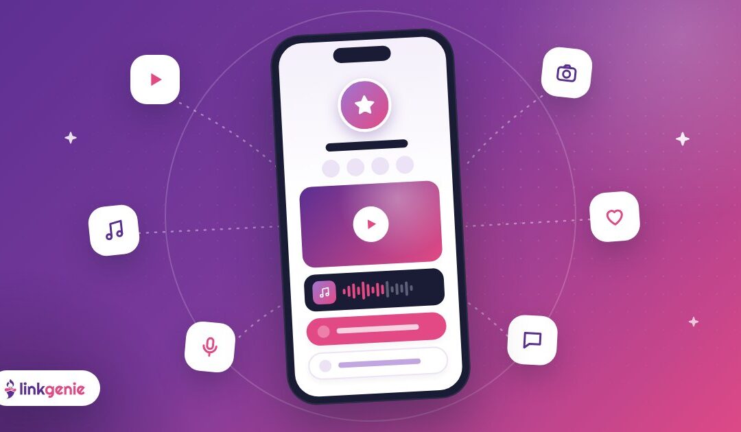 A phone showing a creator page with video and music blocks, surrounded by floating content bubbles