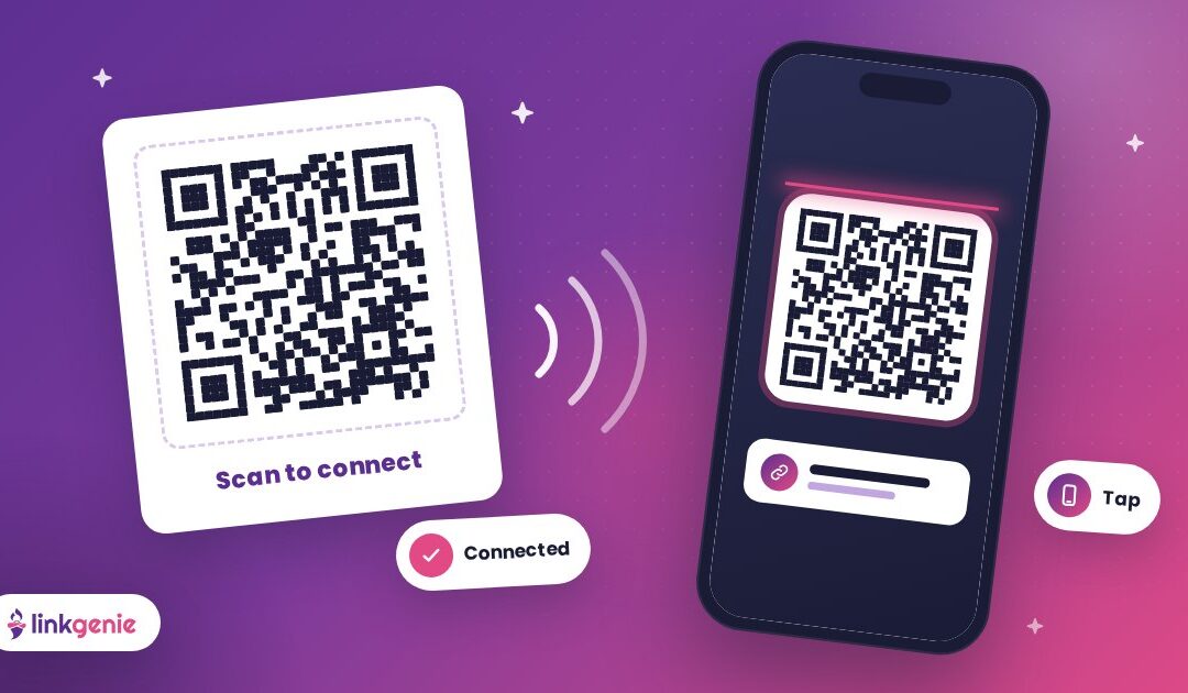 A phone scanning a branded QR code, with tap-to-share waves